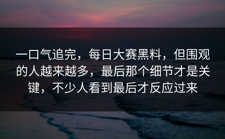 一口气追完，每日大赛黑料，但围观的人越来越多，最后那个细节才是关键，不少人看到最后才反应过来